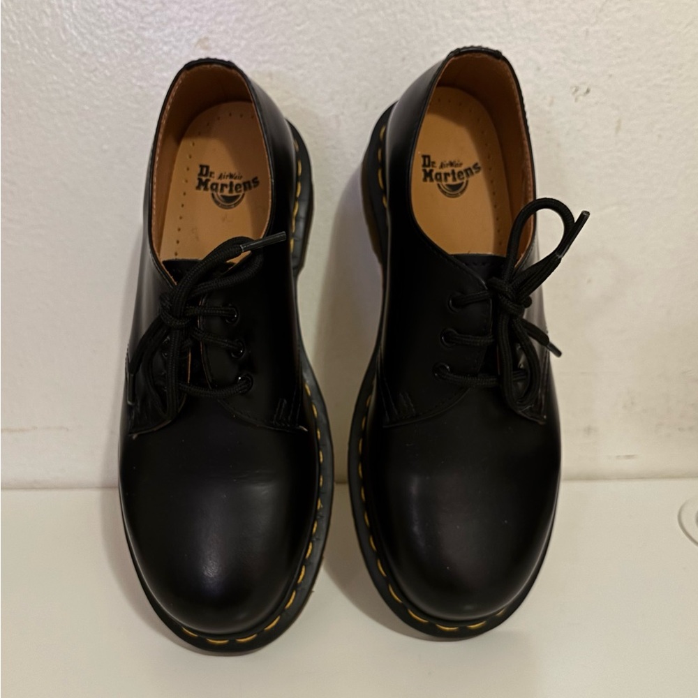 Dr. Martens Black Leather Oxfords with Yellow Stitching